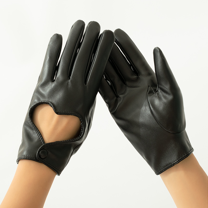 Leather Work Winter Gloves - Women's Hollow Peach Heart PU Leather